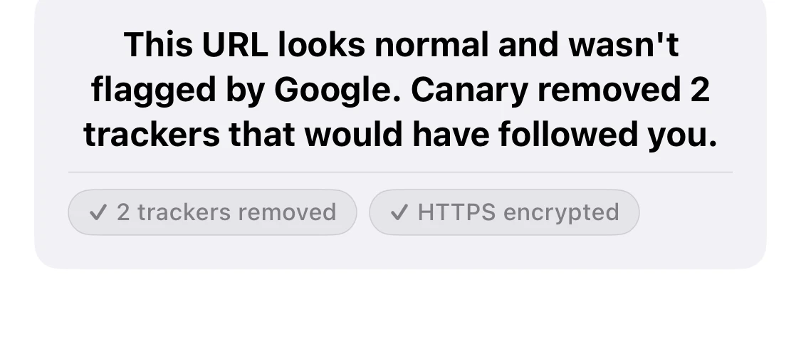Canary’s detail: this URL looks normal and wasn’t flagged by Google; 2 trackers removed; HTTPS encrypted